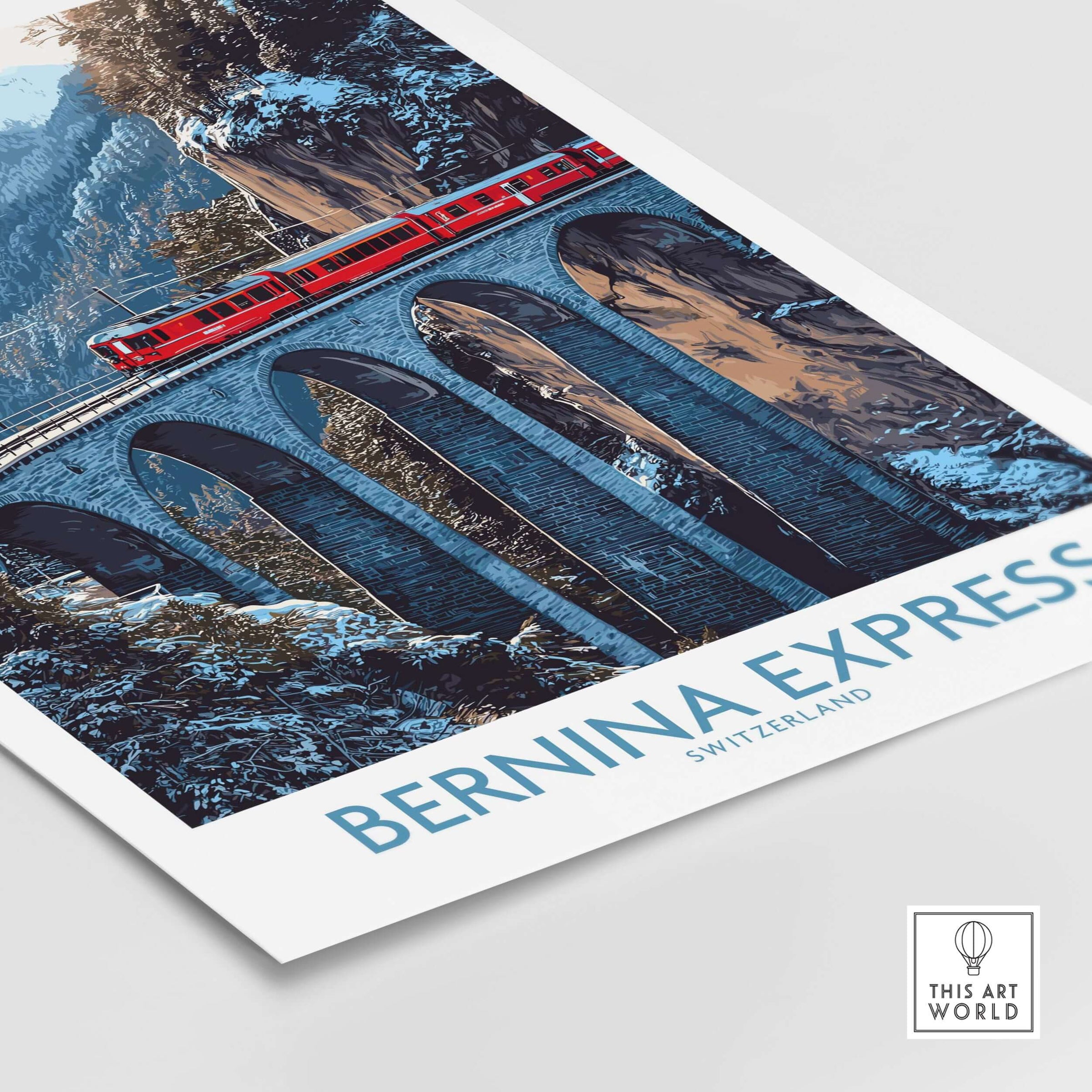 Bernina Express Poster | Snowy Mountain Train Poster featuring a red train on a bridge in snowy mountains.