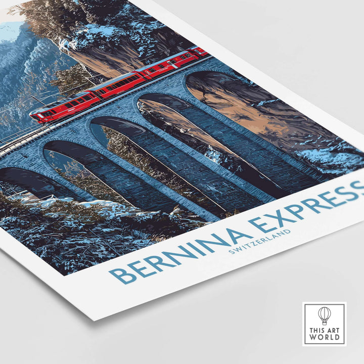 Bernina Express Poster | Snowy Mountain Train Poster featuring a red train on a bridge in a snowy landscape.