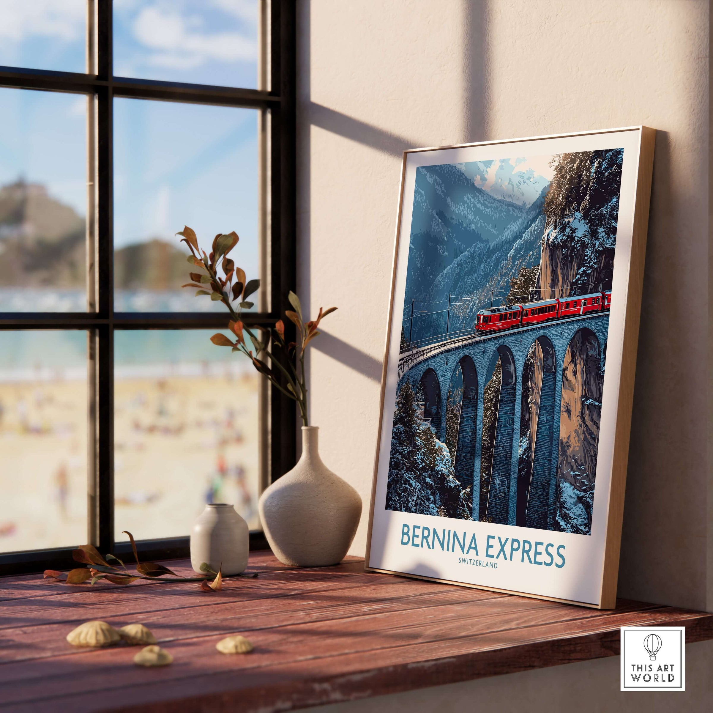 Bernina Express Poster | Snowy Mountain Train Poster featuring a train in a snowy landscape near a window.