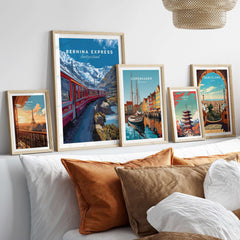 Bernina Express Poster  Swiss Alps UNESCO Route Print | Luxury Rail Wall Decor displayed in elegant frames on a bed.