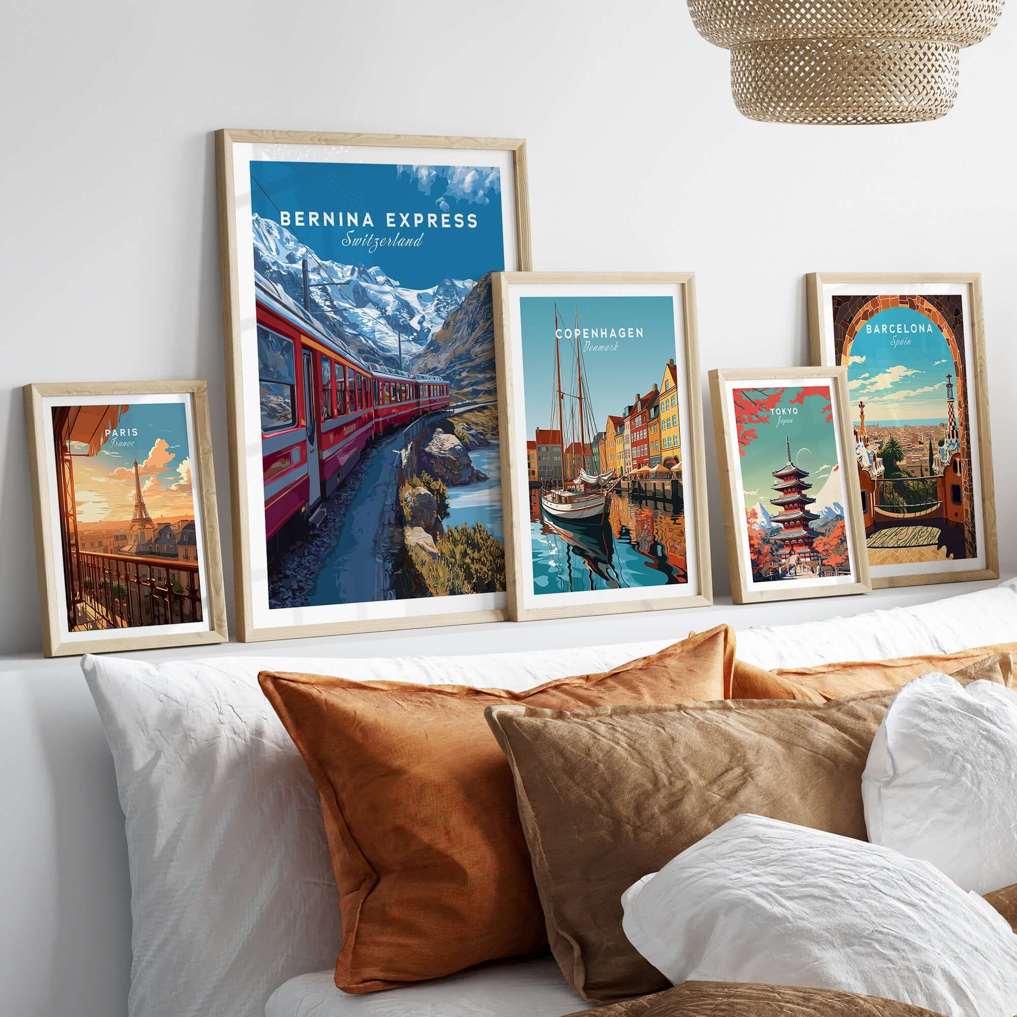 Bernina Express Poster  Swiss Alps UNESCO Route Print | Luxury Rail Wall Decor displayed in elegant frames on a bed.