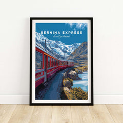 Bernina Express Poster  Swiss Alps UNESCO Route Print | Luxury Rail Wall Decor featuring a scenic train view.