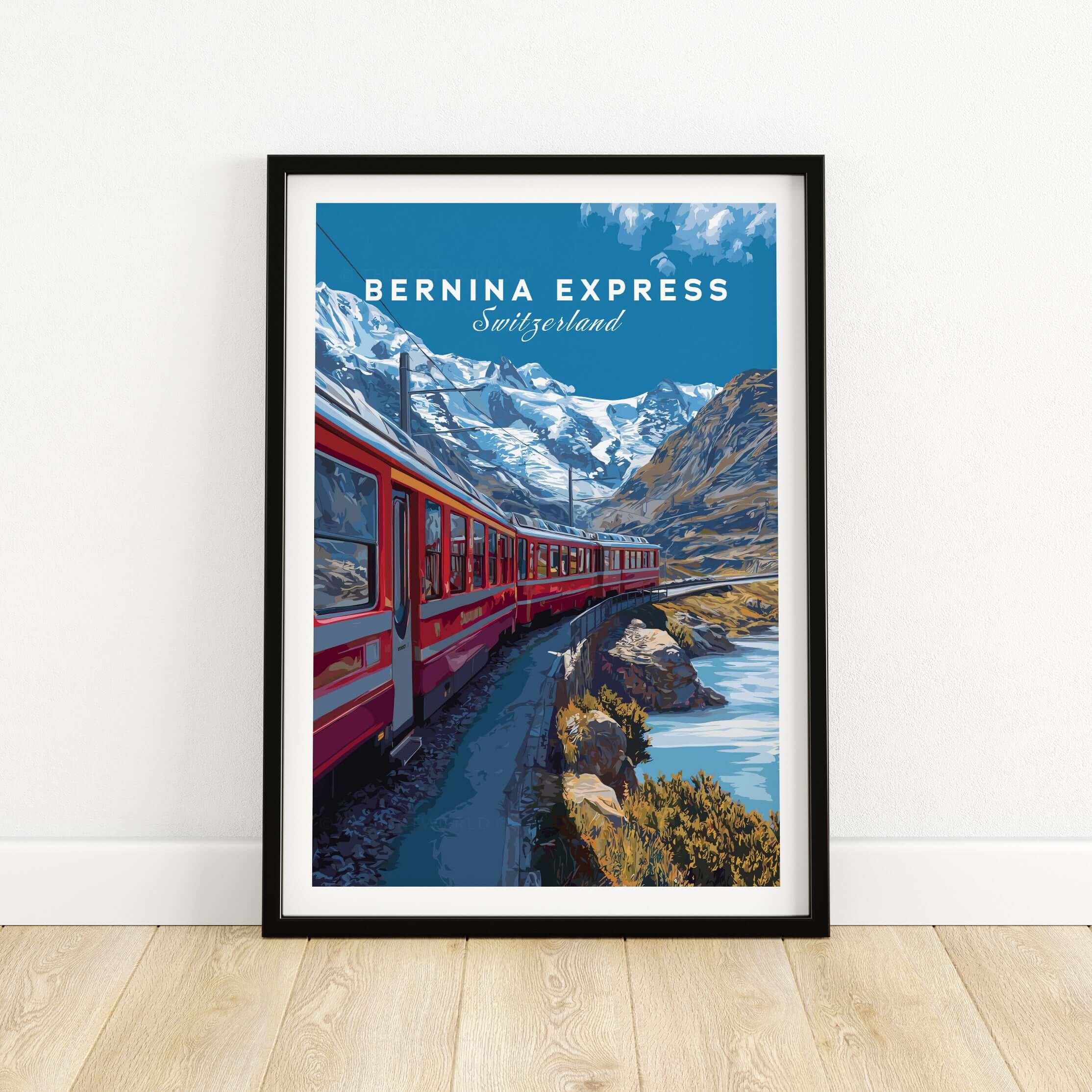 Bernina Express Poster  Swiss Alps UNESCO Route Print | Luxury Rail Wall Decor featuring a scenic train view.