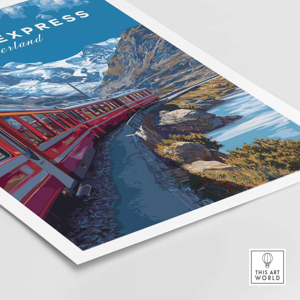 Bernina Express Poster  Swiss Alps UNESCO Route Print | Luxury Rail Wall Decor featuring a scenic train view.