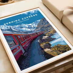 Bernina Express Poster  Swiss Alps UNESCO Route Print | Luxury Rail Wall Decor featuring scenic train journey in the Swiss mountains.