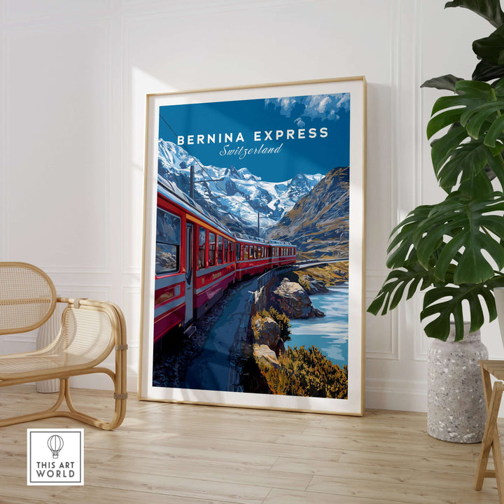 Bernina Express Poster Swiss Alps UNESCO Route Print | Luxury Rail Wall Decor showcasing a scenic train journey in the Alps.
