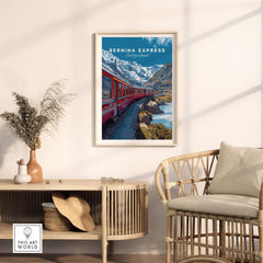 Bernina Express Poster  Swiss Alps UNESCO Route Print | Luxury Rail Wall Decor displayed in a stylish interior setting.