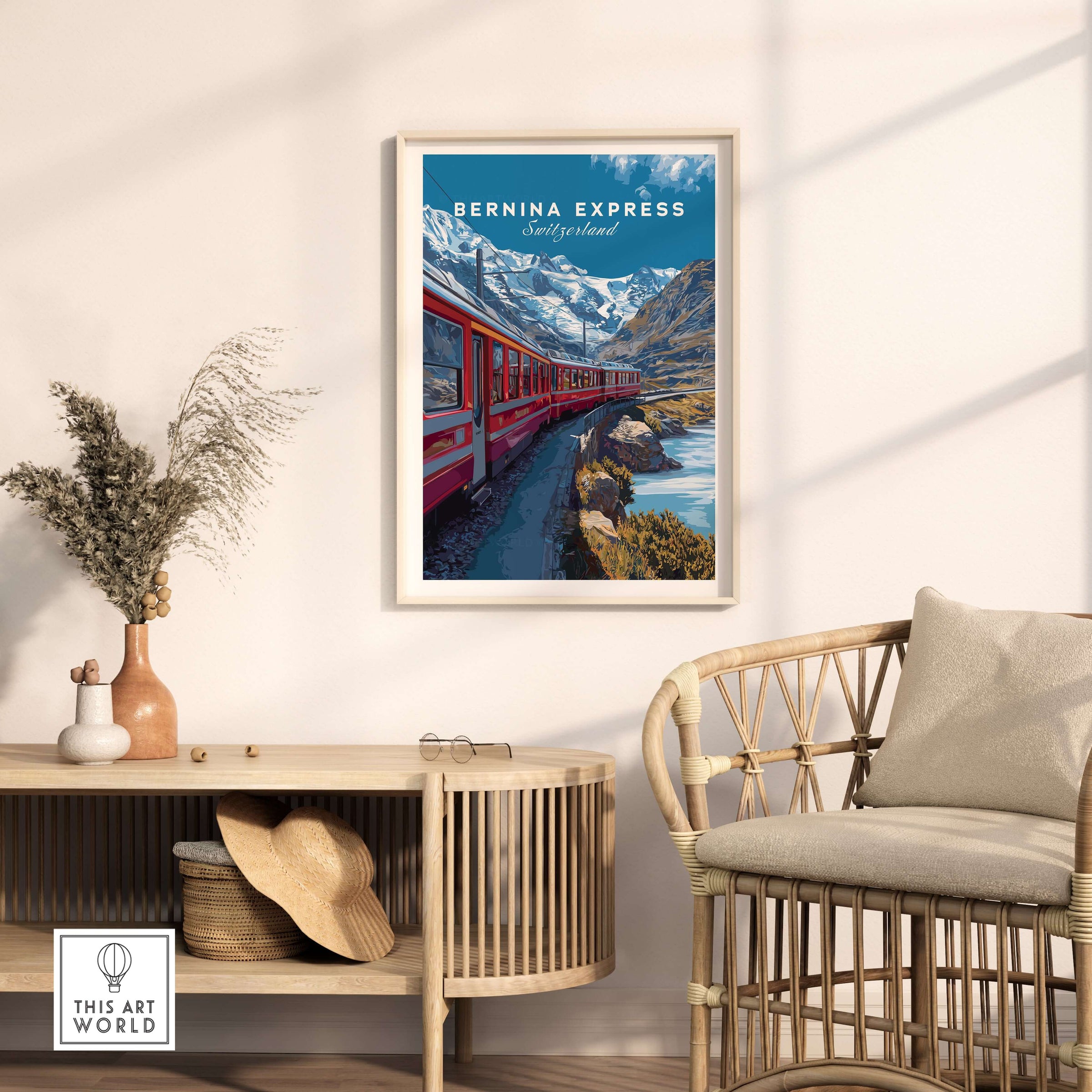 Bernina Express Poster  Swiss Alps UNESCO Route Print | Luxury Rail Wall Decor displayed in a stylish interior setting.