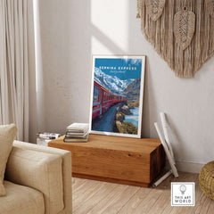 Bernina Express Poster  Swiss Alps UNESCO Route Print | Luxury Rail Wall Decor displayed in a stylish living room.