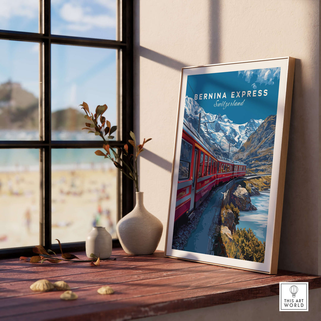 Bernina Express Poster  Swiss Alps UNESCO Route Print | Luxury Rail Wall Decor displayed in a cozy home setting.