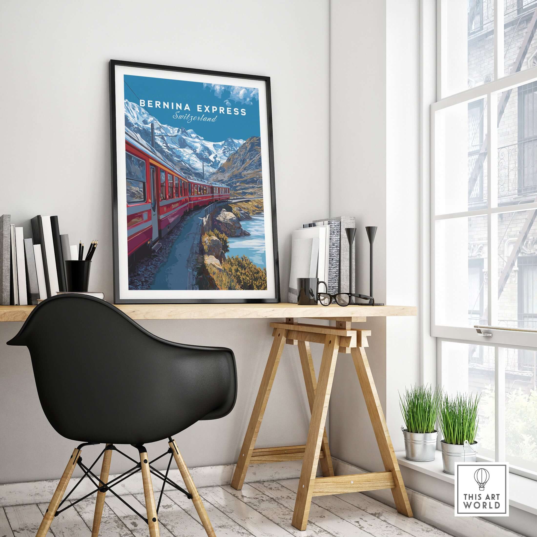 Bernina Express Poster  Swiss Alps UNESCO Route Print | Luxury Rail Wall Decor displayed in a modern office setting.