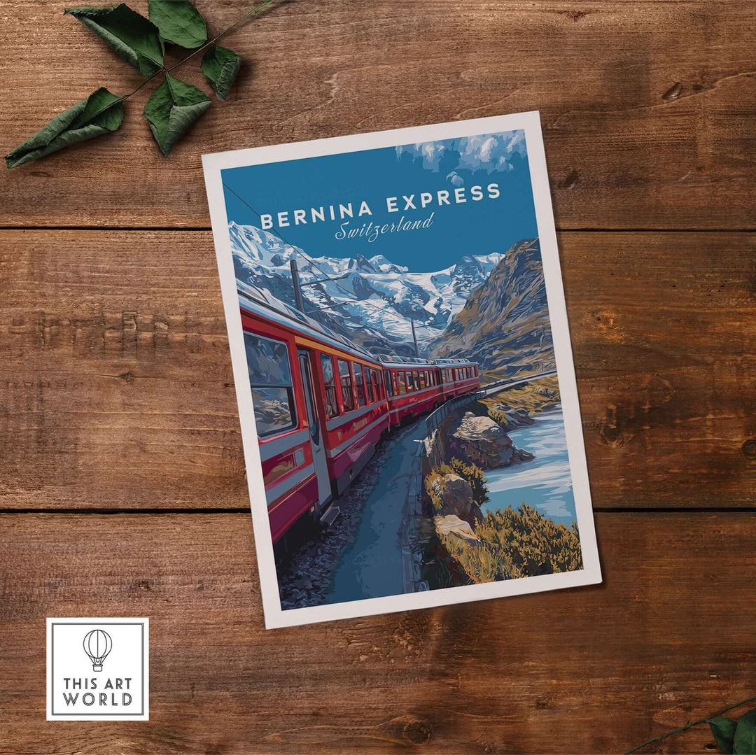 Bernina Express Poster Swiss Alps UNESCO Route Print | Luxury Rail Wall Decor featuring stunning landscapes and trains.