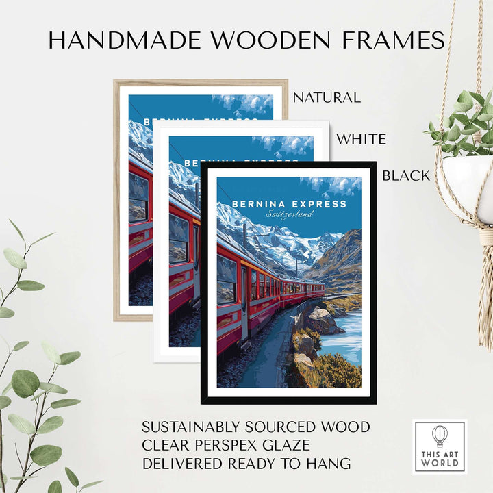 Bernina Express Poster  Swiss Alps UNESCO Route Print | Luxury Rail Wall Decor displayed in handmade wooden frames.