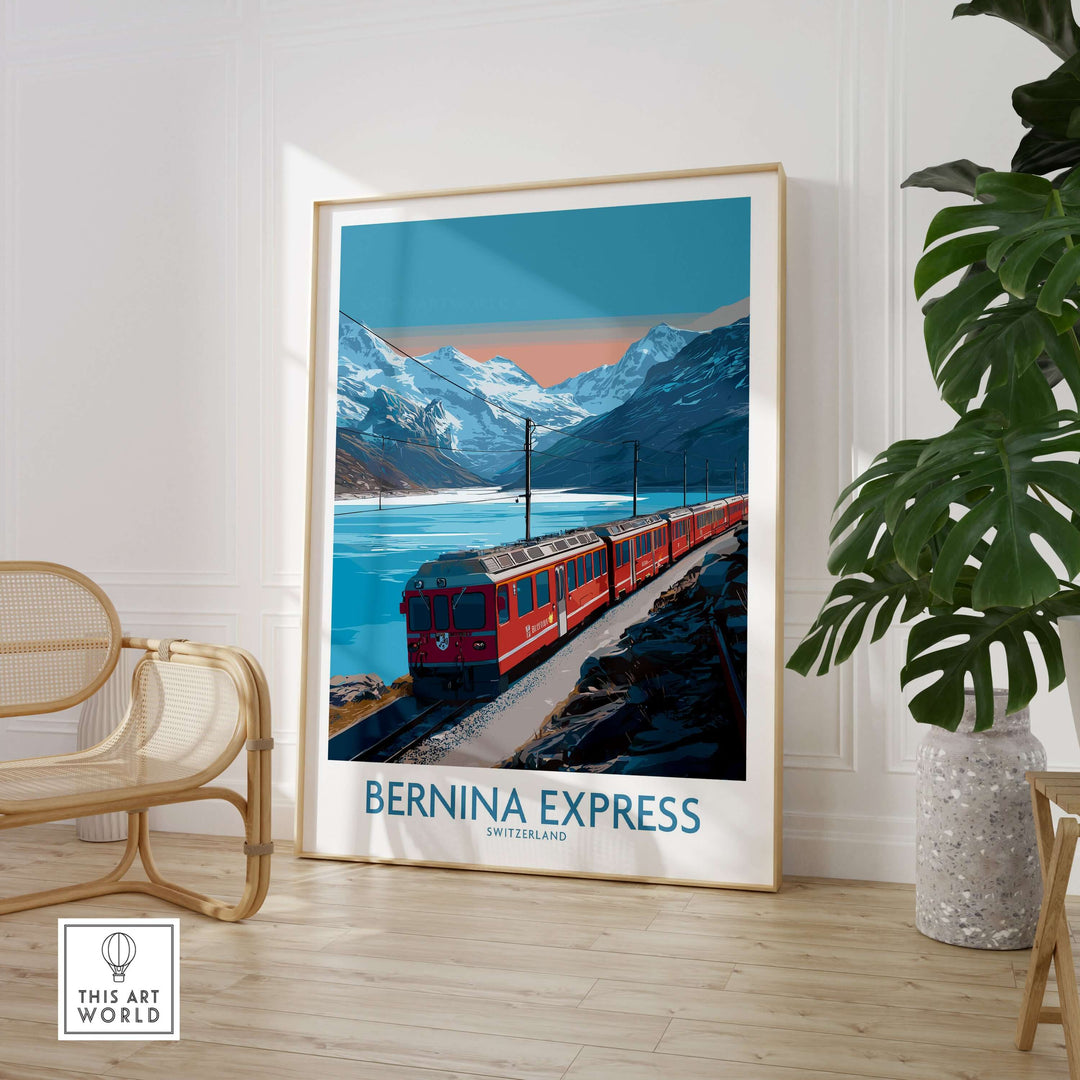 Bernina Express Poster Switzerland Train Art Print | Alpine Rail Journey Poster framed in a stylish interior setting.