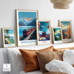 Bernina Express Poster Switzerland Train Art Print | Alpine Rail Journey Poster displayed with other travel art prints.