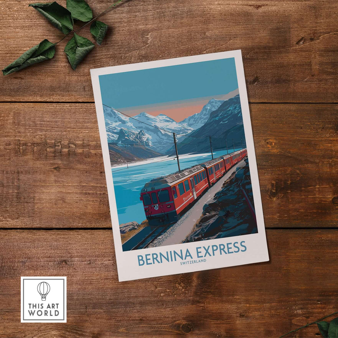 Bernina Express Poster Switzerland Train Art Print | Alpine Rail Journey Poster showcasing Swiss landscapes and an iconic train.