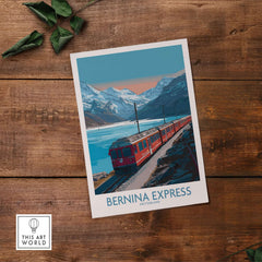 Bernina Express Poster Switzerland Train Art Print | Alpine Rail Journey Poster showcasing a scenic Swiss landscape and train.