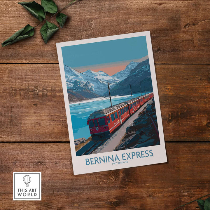 Bernina Express Poster Switzerland Train Art Print | Alpine Rail Journey Poster showcasing Swiss landscapes and an iconic train.