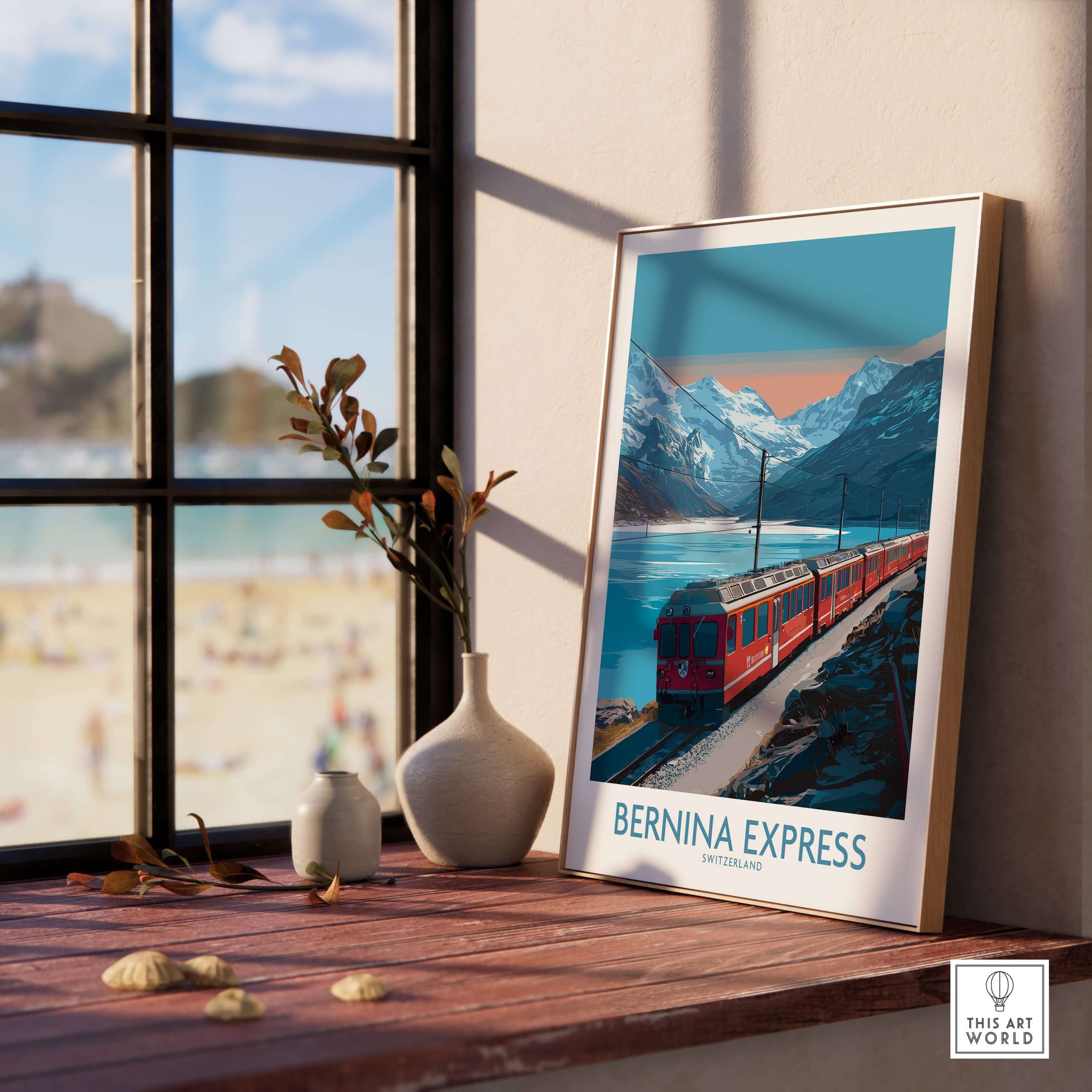 Bernina Express Poster Switzerland Train Art Print | Alpine Rail Journey Poster displayed in a beautiful room setting.