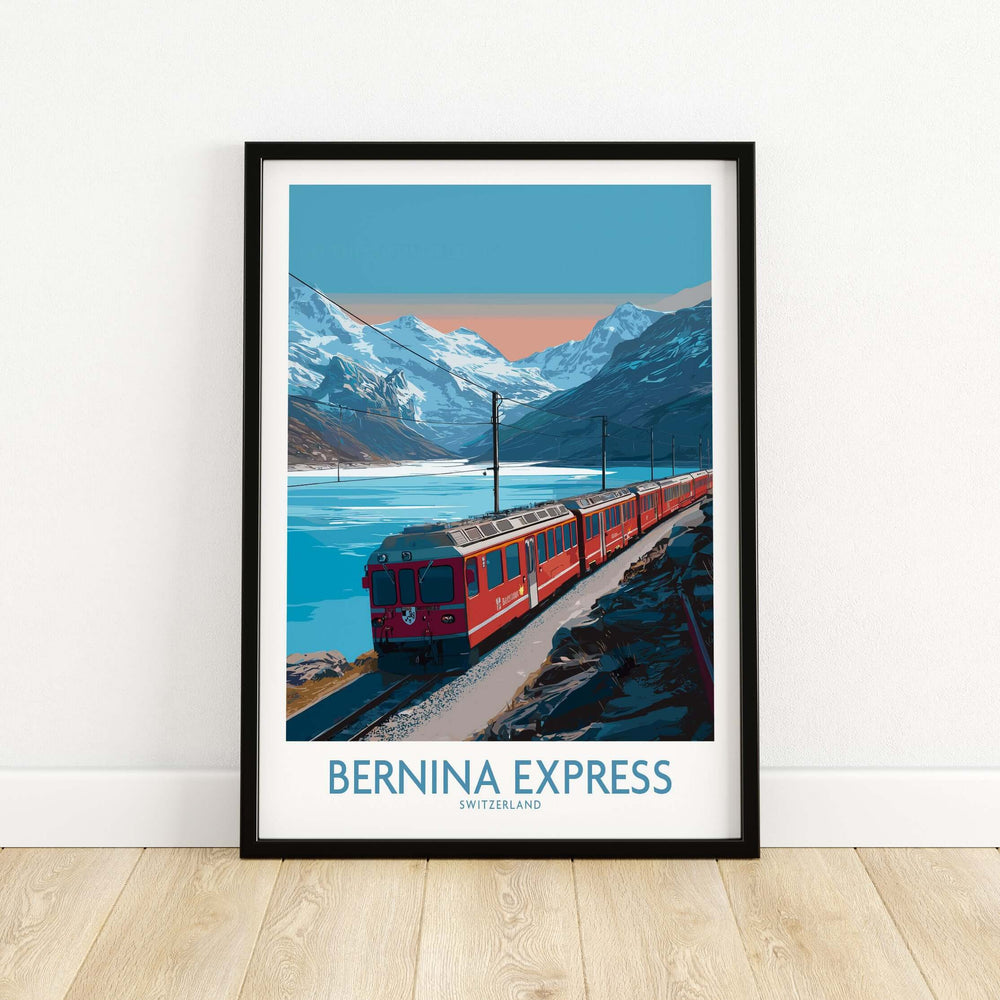 Bernina Express Poster Switzerland Train Art Print | Alpine Rail Journey Poster showcasing a scenic train in the Swiss Alps.