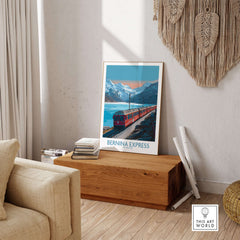 Bernina Express Poster Switzerland Train Art Print | Alpine Rail Journey Poster featuring a train in the Swiss Alps.