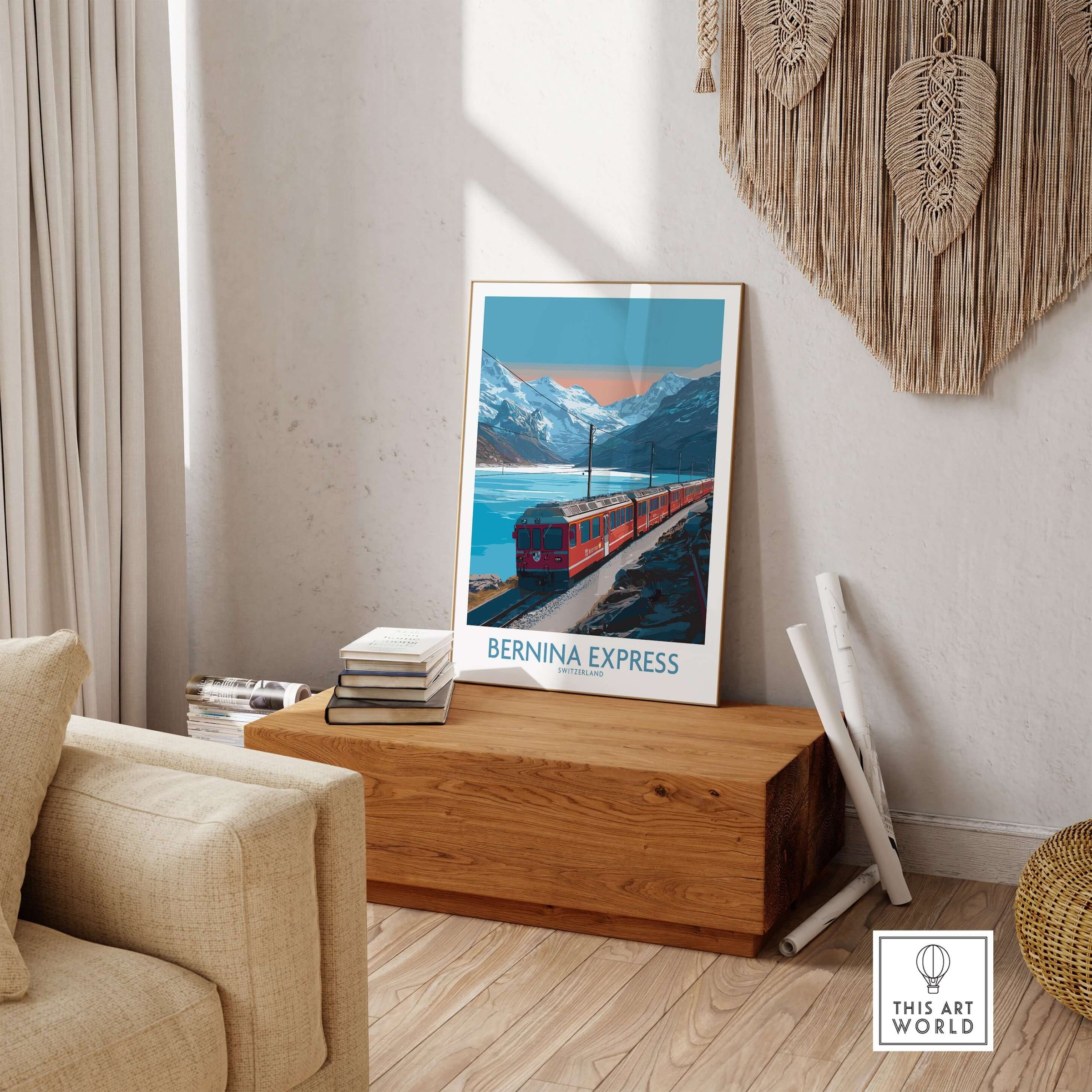 Bernina Express Poster Switzerland Train Art Print | Alpine Rail Journey Poster featuring a train in the Swiss Alps.