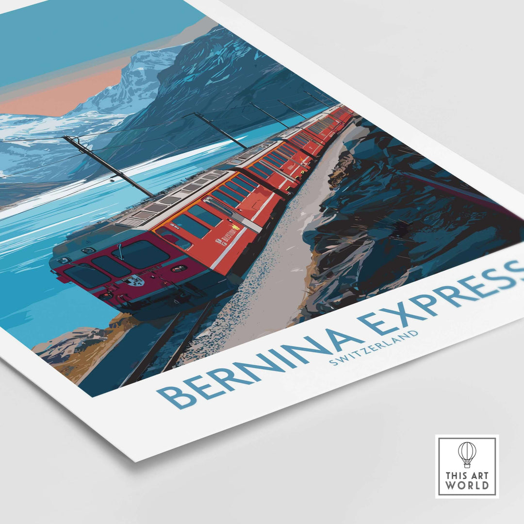 Bernina Express Poster Switzerland Train Art Print | Alpine Rail Journey Poster showcasing a scenic train in the Swiss Alps.