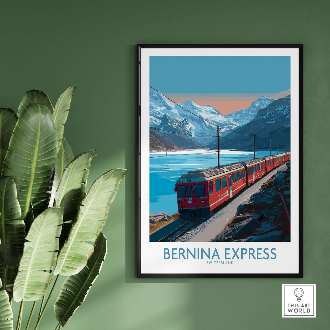 Bernina Express Poster Switzerland Train Art Print | Alpine Rail Journey Poster features a red train in the Swiss Alps.