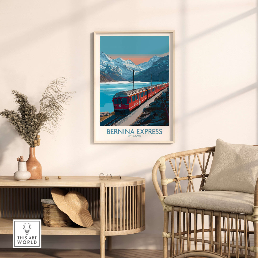 Bernina Express Poster Switzerland Train Art Print | Alpine Rail Journey Poster displayed in a modern living room setting.