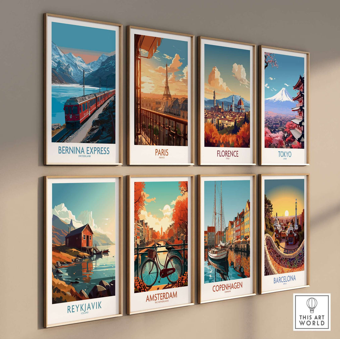 Bernina Express Poster Switzerland Train Art Print | Alpine Rail Journey Poster displayed on wall with other travel art prints.