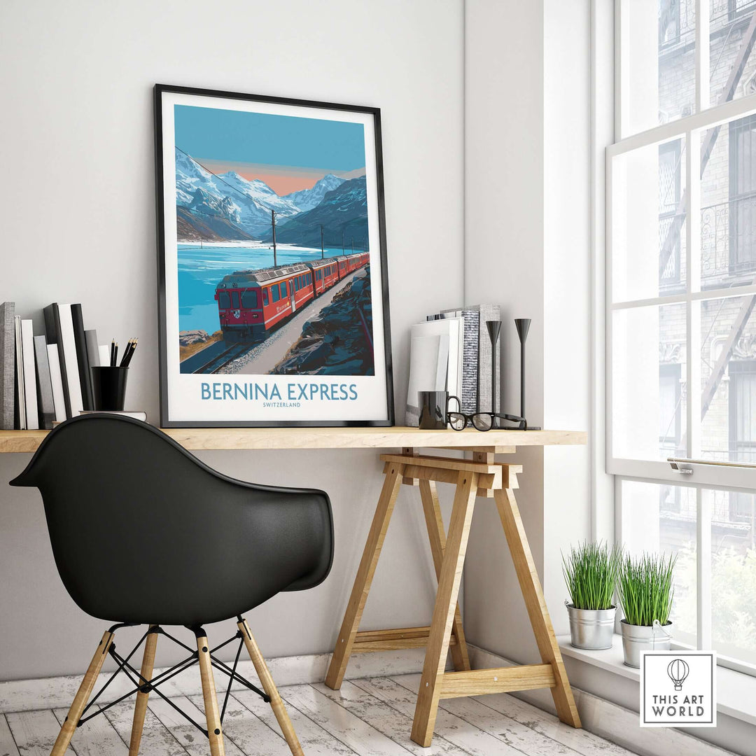 Bernina Express Poster Switzerland Train Art Print | Alpine Rail Journey Poster displayed in modern home office setting.