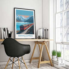 Bernina Express Poster Switzerland Train Art Print | Alpine Rail Journey Poster displayed in a modern office setting.