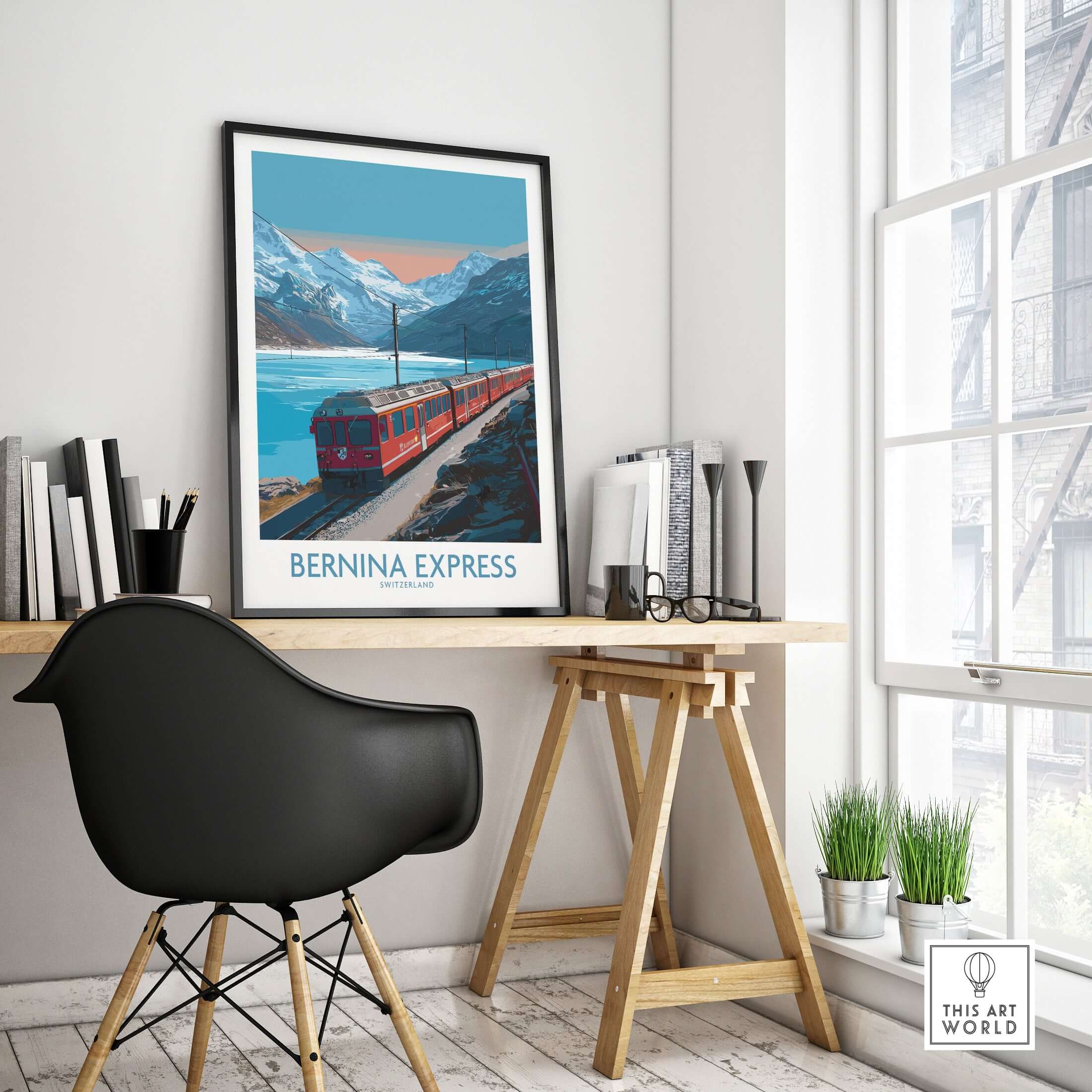 Bernina Express Poster Switzerland Train Art Print | Alpine Rail Journey Poster displayed in a modern office setting.