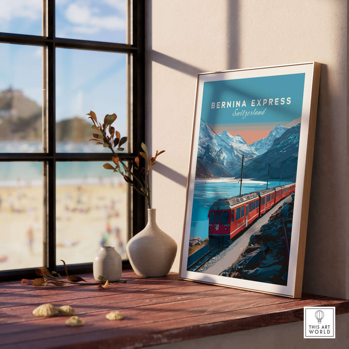 Bernina Express Print | Scenic Swiss Alps Decor in a stylish frame next to a window overlooking the beach.