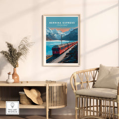 Bernina Express Print | Scenic Swiss Alps Decor featuring a red train in stunning mountain scenery.