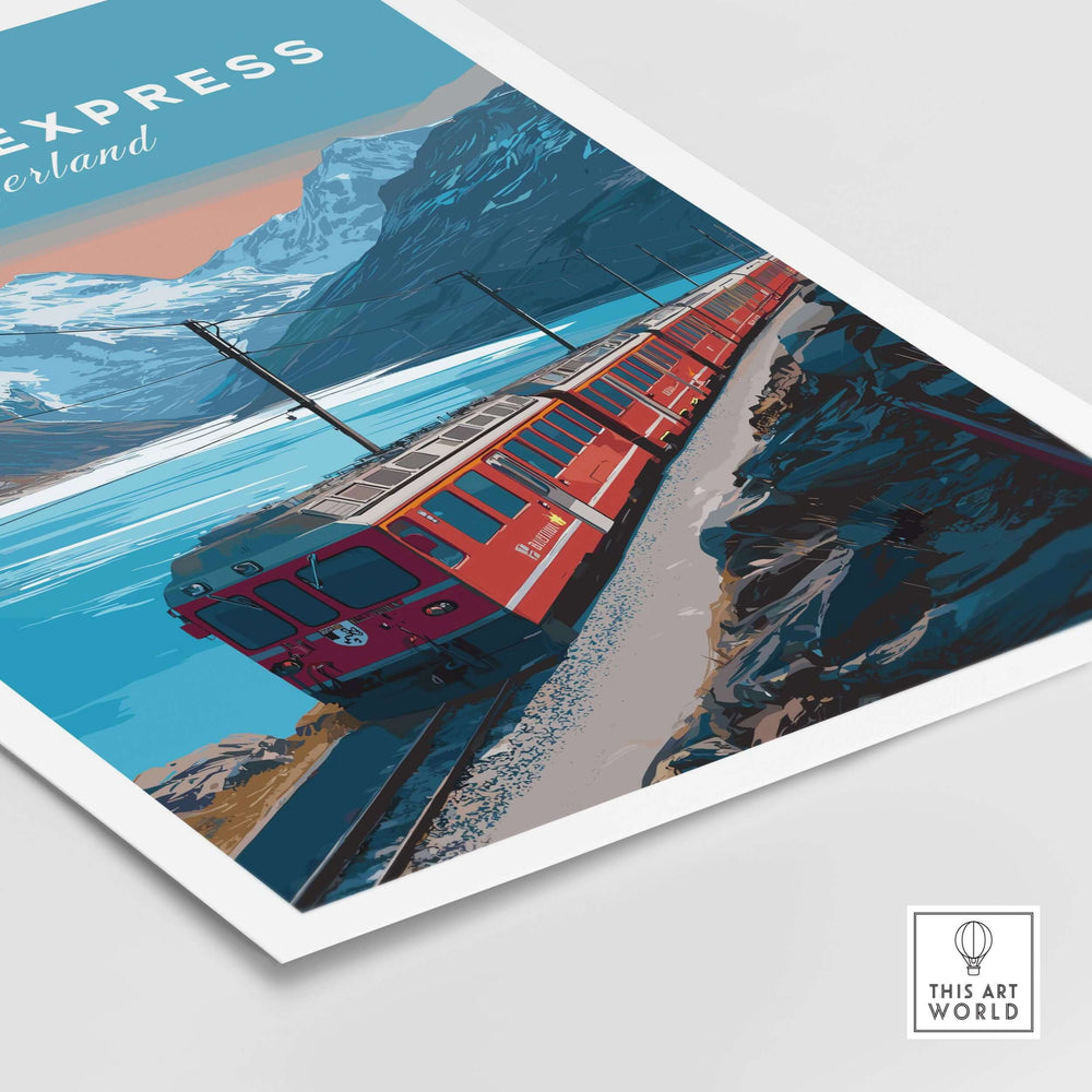 Bernina Express Print | Scenic Swiss Alps Decor showcasing a red train amidst stunning mountain scenery.