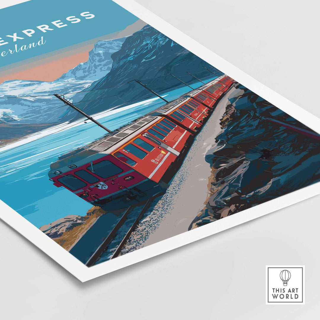 Bernina Express Print | Scenic Swiss Alps Decor showcasing a red train amidst stunning mountain scenery.