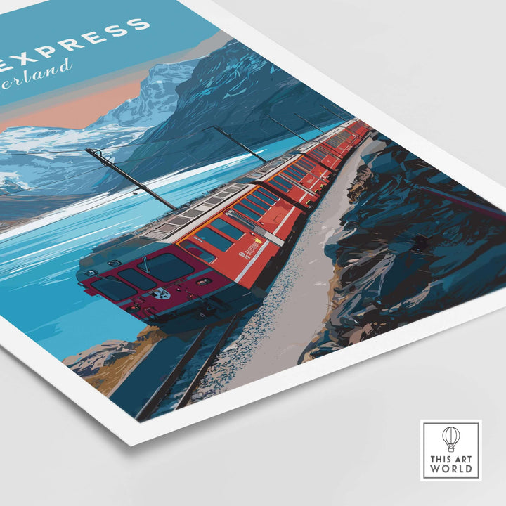 Bernina Express Print | Scenic Swiss Alps Decor showcasing a red train amidst stunning mountain scenery.