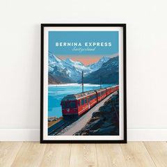Bernina Express Print | Scenic Swiss Alps Decor featuring a vibrant train and stunning mountain landscape.