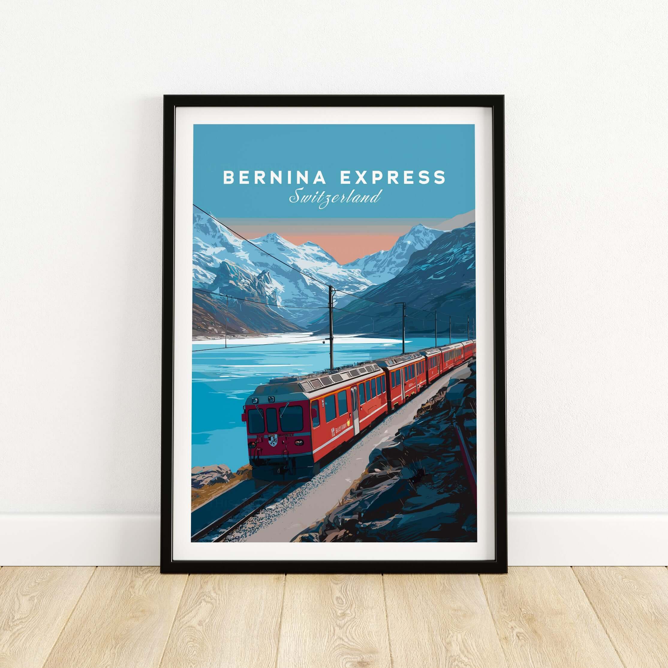 Bernina Express Print | Scenic Swiss Alps Decor featuring a vibrant train and stunning mountain landscape.