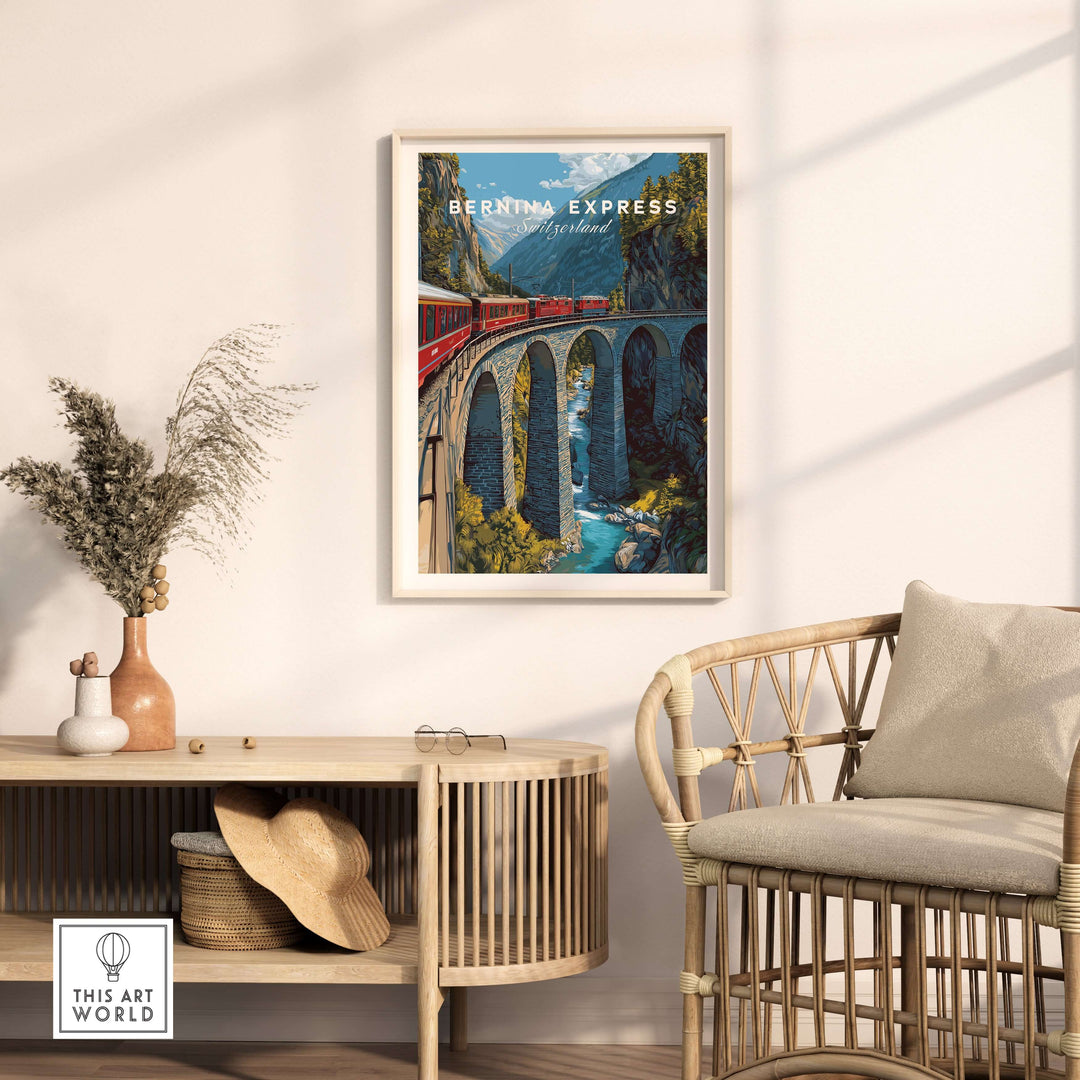 Bernina Express Print | Swiss Alps Journey Art showcasing a red train crossing a scenic bridge in the Swiss Alps.