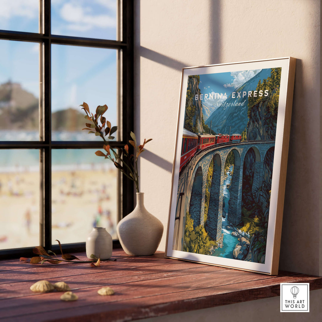 Bernina Express Print | Swiss Alps Journey Art displayed in a stylish interior, showcasing a scenic train crossing a bridge.