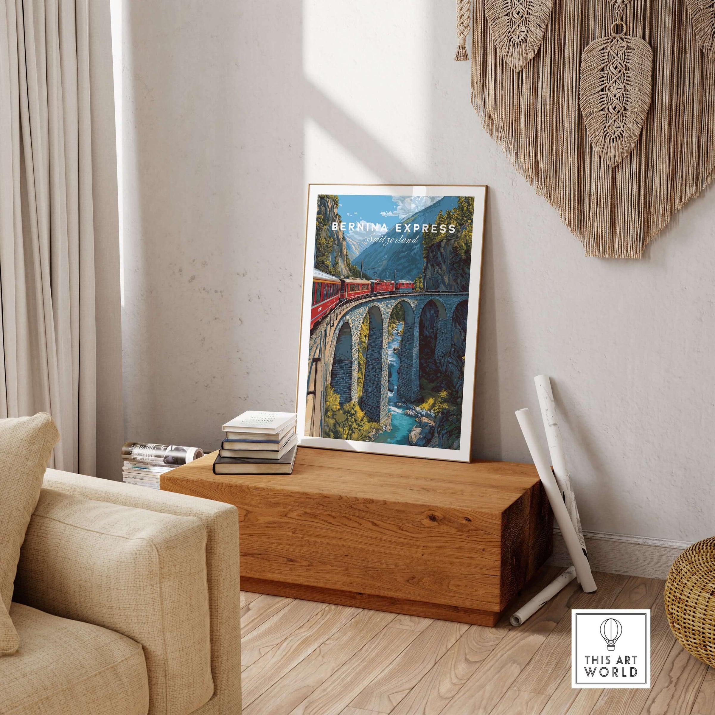 Bernina Express Print | Swiss Alps Journey Art displayed in a cozy living room setting.