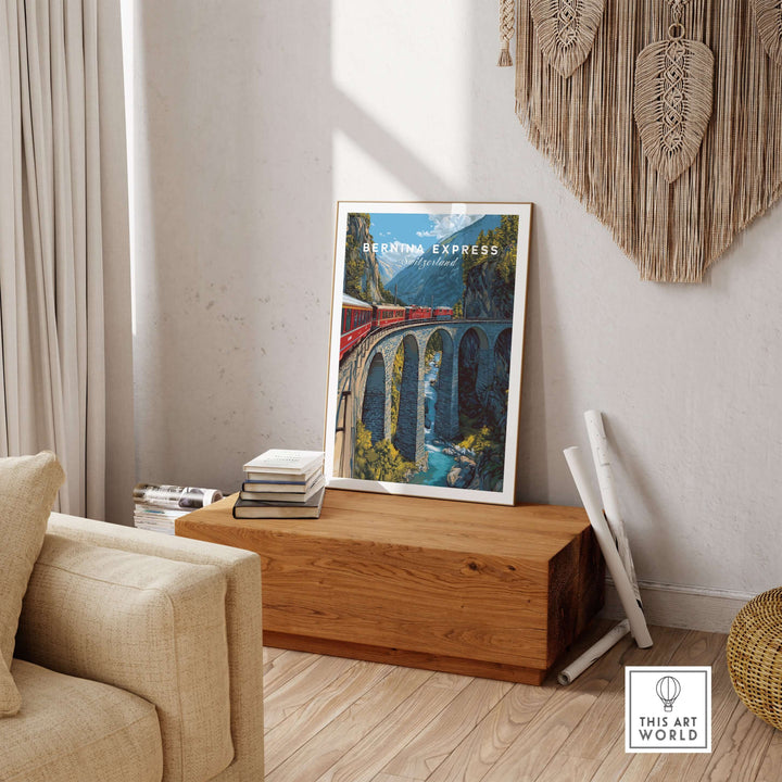 Bernina Express Print | Swiss Alps Journey Art displayed in a cozy living room setting.