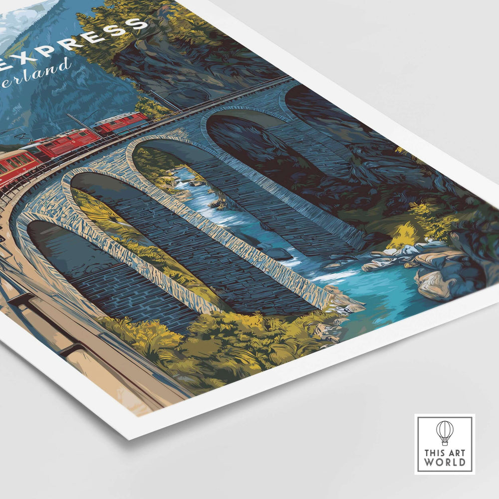 Bernina Express Print | Swiss Alps Journey Art featuring a scenic train route through stunning mountain landscapes.