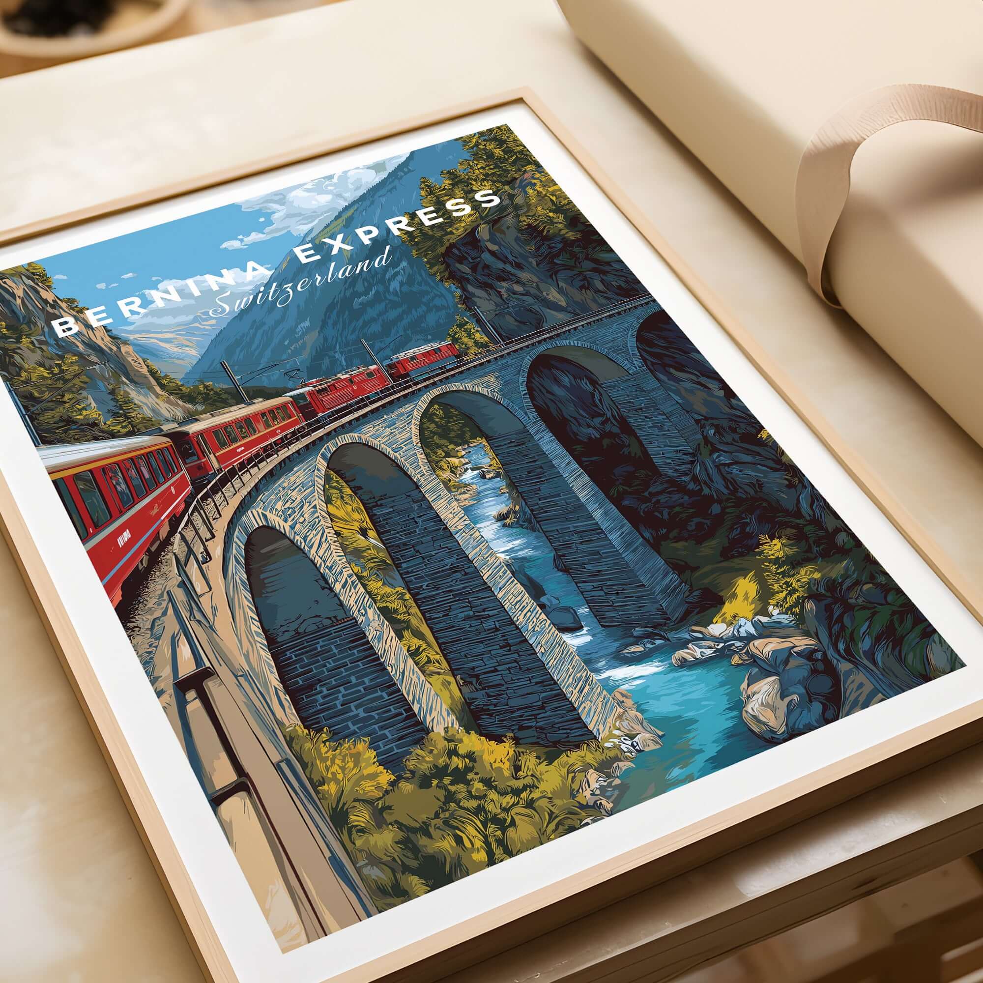 Bernina Express Print | Swiss Alps Journey Art showcasing iconic Swiss landscapes and a vibrant train crossing a bridge.