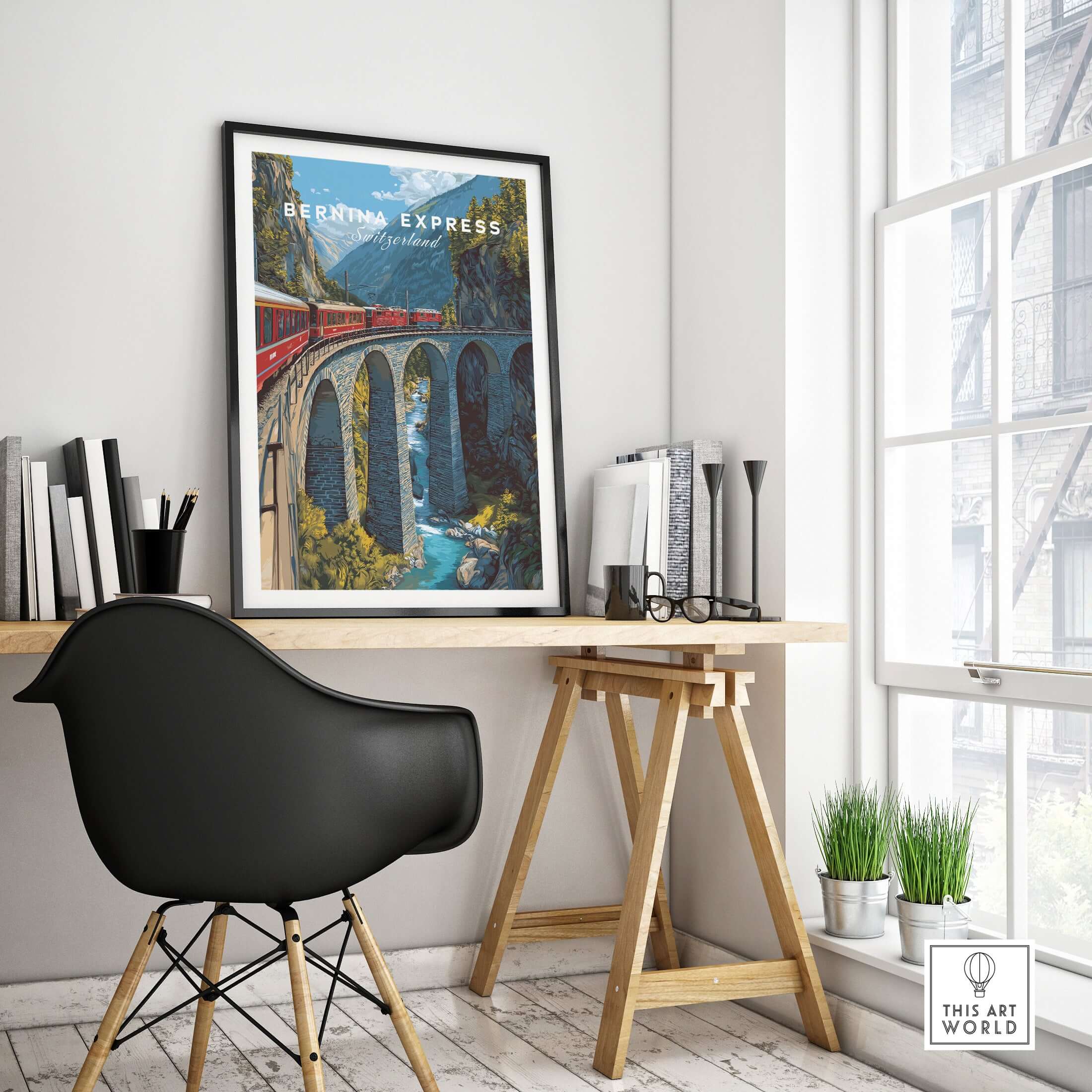 Bernina Express Print | Swiss Alps Journey Art displayed in a modern office interior, highlighting Swiss landscapes.