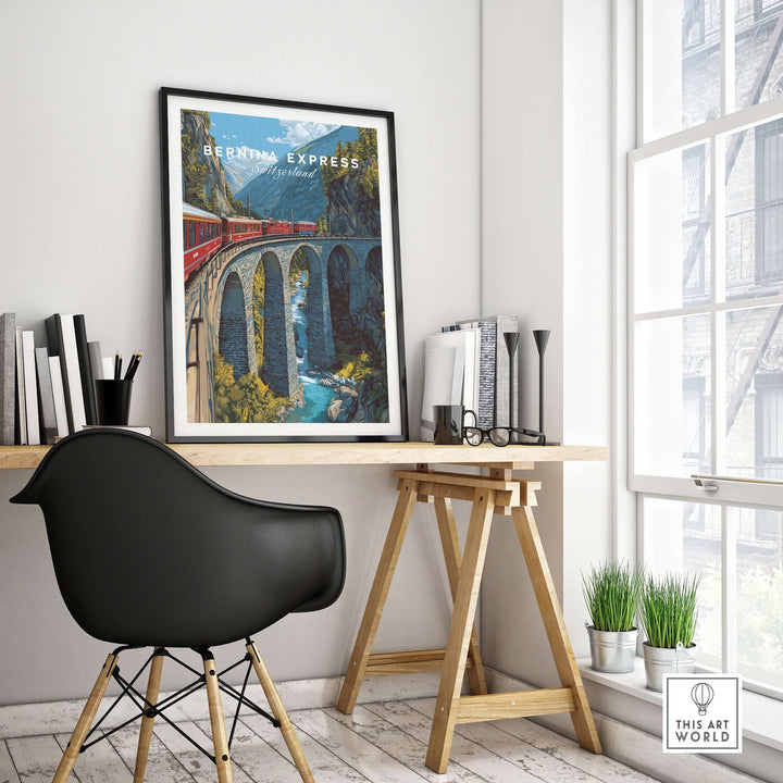 Bernina Express Print | Swiss Alps Journey Art displayed in a modern home office setting.