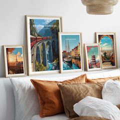 Bernina Express Print | Swiss Alps Journey Art displayed in elegant frames in a cozy interior.