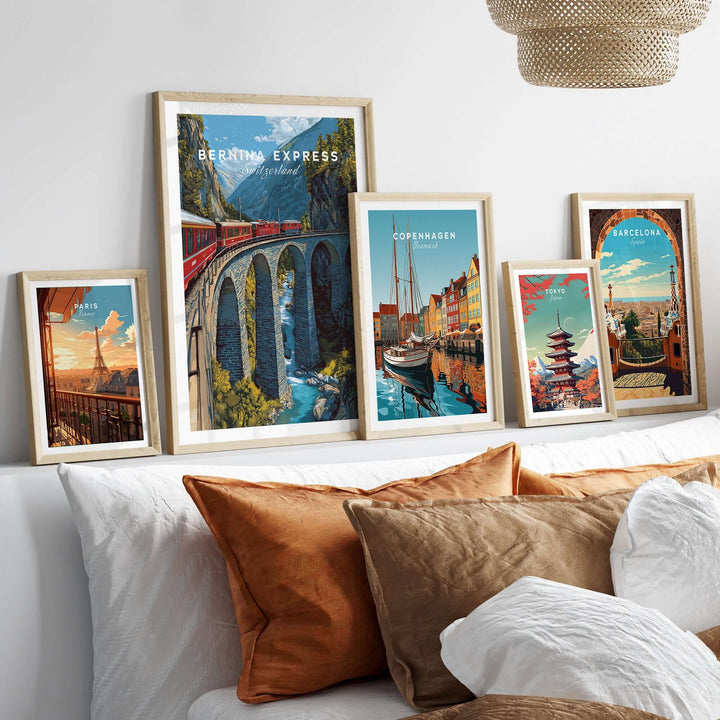 Bernina Express Print | Swiss Alps Journey Art displayed in frames on a wall with travel-themed art pieces.